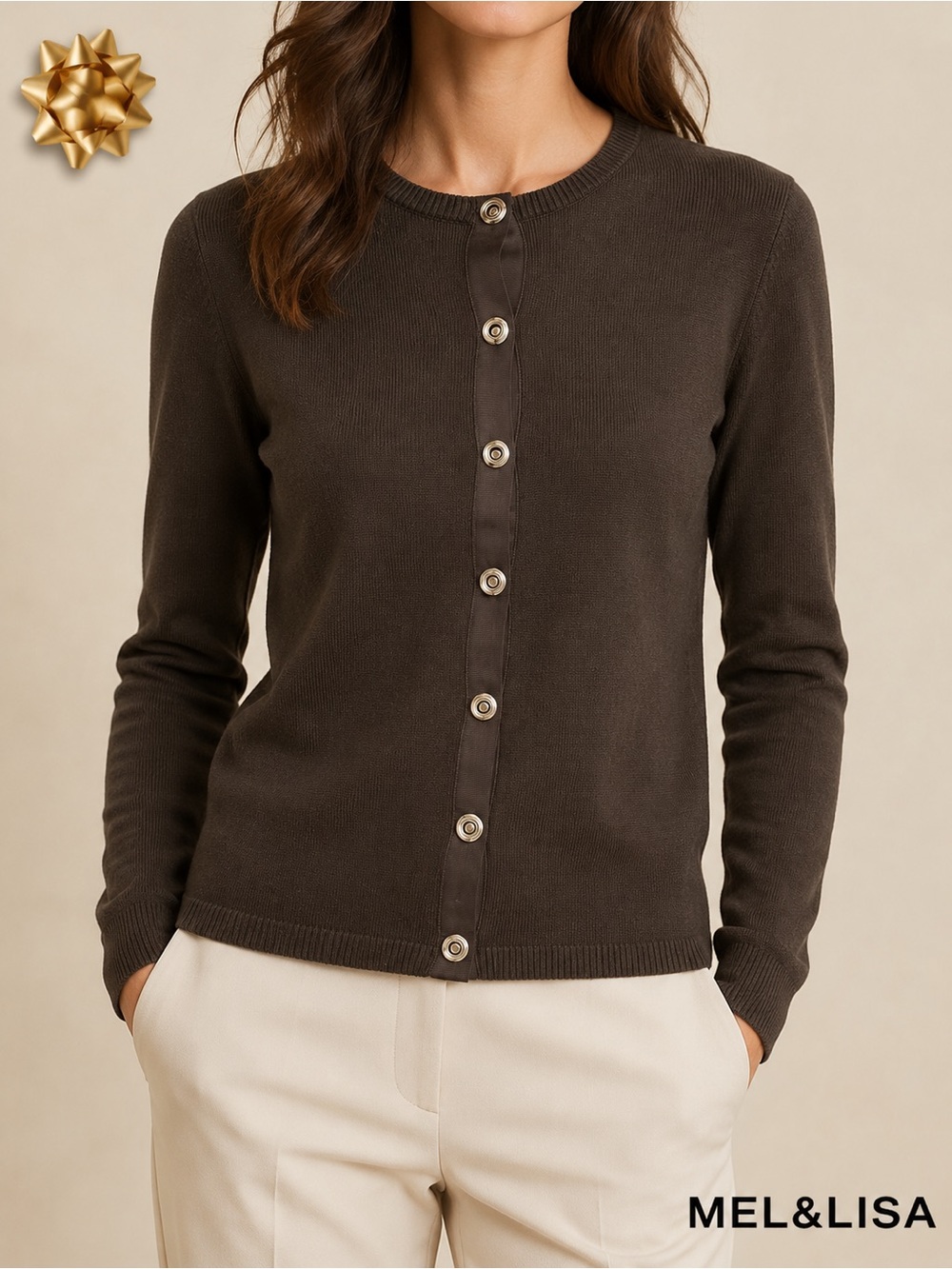 mel & lisa Dark Brown 75% Silk 25% Cotton Cardigan Small